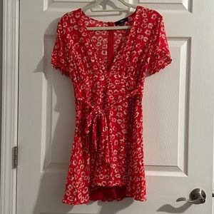 Lulus Red Tie Waist Floral Dress - size medium